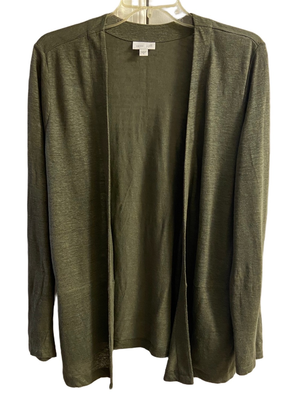 J.Jill Love Linen Olive Green Linen Open Front Cardigan Lightweight Sweater M